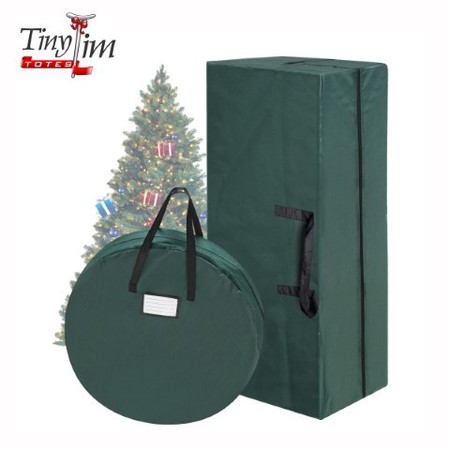 HASTINGS HOME Set of 2 Christmas Tree and Wreath Storage Bags for 10-foot Artificial Trees / 30-inch Green Canvas 136808GSX